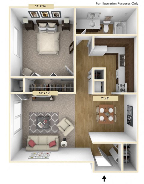 Floor plan for 1 bed, 1 bath, 665 sqft